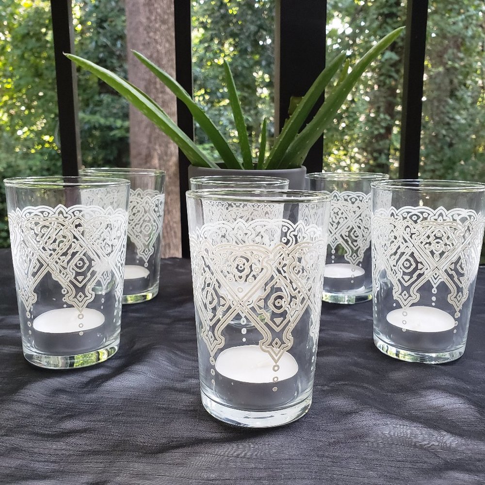 ZODAX Mazagran Votives Tealight Candle Holders Etched Glass Set/6 NWT Brand New